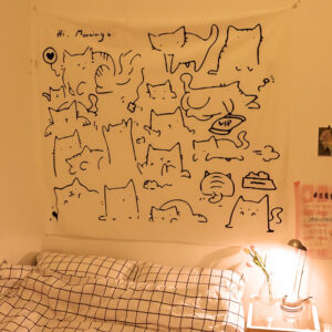 Cute Cartoon Cat Aesthetic Simple Tapestry Home Decoration