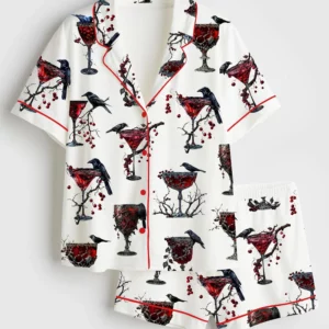 Cocktail Black Bird Red Gothic Christmas Drinks Satin Pajama Set