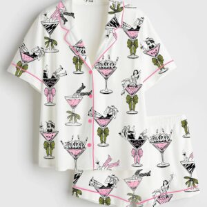 Girls In Martini Glass Hand Drawn Martini Drinks Satin Pajama Set