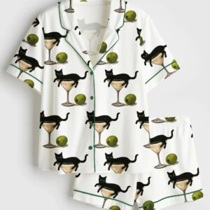 Women’s Black Cat In Martini Cocktail Wine Glasses Satin Pajama Set