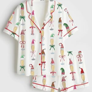 Women’s Christmas Champagne Santa Bow Drink Satin Pajama Set