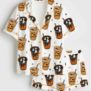 Women’s Freshly Boo’d Coffee Halloween Ghost Coffee Scream And Sugar Satin Pajama Set