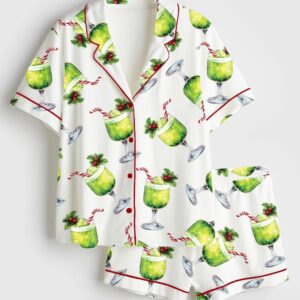 Women’s Grinch Punch Watercolor Christmas Cocktails Holiday Drinks Satin Pajama Set
