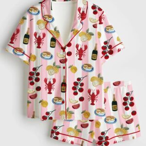 Women’s Lobster Champagne Lemon Cake Tomatoes And Pomegranates Summer Satin Pajamas Set