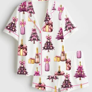 Women’s Pink Champagne Christmas Wine Bottle & Glass Satin Pajama Set