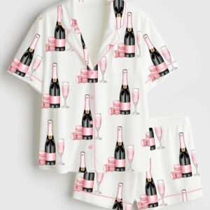 Women’s Pink Champagne Glass Dessert Satin Pajama Set