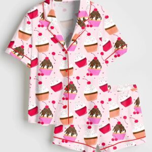 Women’s Pink Champagne Cup Cake Raspberry Picnic Party Satin Pajama Set