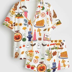 Women’s Spooky Halloween Autumn Candle Coffee Cake Mushroom Wool Scarf Pumpkin Bat Satin Pajama Set