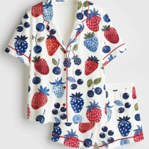 Women’s Strawberry Cottagecore Summer Blueberry The 4th Of July Satin Pajama Set