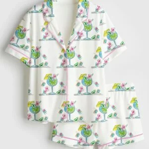 Women’s Watercolor Hand Drawn Mahjong Tile Cocktail Satin Pajamas Set